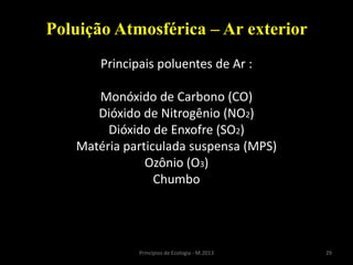 29Princípios de Ecologia - M.2013
Poluição Atmosférica – Ar exterior
Principais poluentes de Ar :
Monóxido de Carbono (CO)
Dióxido de Nitrogênio (NO2)
Dióxido de Enxofre (SO2)
Matéria particulada suspensa (MPS)
Ozônio (O3)
Chumbo
 