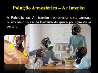 42Princípios de Ecologia - M.2013
Poluição Atmosférica – Ar Interior
A Poluição do Ar interior representa uma ameaça
muito maior a saúde humana do que a poluição do ar
exterior.
 