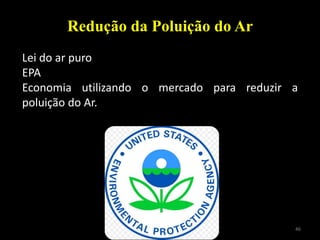 46Princípios de Ecologia - M.2013
Redução da Poluição do Ar
Lei do ar puro
EPA
Economia utilizando o mercado para reduzir a
poluição do Ar.
 