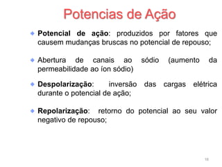 Potencial de ação: produzidos por fatores que
causem mudanças bruscas no potencial de repouso;
Abertura de canais ao sódio (aumento da
permeabilidade ao íon sódio)
Despolarização: inversão das cargas elétrica
durante o potencial de ação;
Repolarização: retorno do potencial ao seu valor
negativo de repouso;
Potencias de Ação
16
 