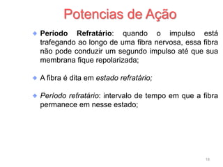Período Refratário: quando o impulso está
trafegando ao longo de uma fibra nervosa, essa fibra
não pode conduzir um segundo impulso até que sua
membrana fique repolarizada;
A fibra é dita em estado refratário;
Período refratário: intervalo de tempo em que a fibra
permanece em nesse estado;
Potencias de Ação
18
 
