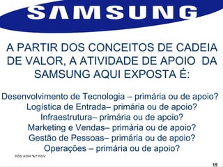 A PARTIR DOS CONCEITOS DE CADEIA 
DE VALOR, A ATIVIDADE DE APOIO DA 
SAMSUNG AQUI EXPOSTA É: 
Desenvolvimento de Tecnologia – primária ou de apoio? 
Logística de Entrada– primária ou de apoio? 
Infraestrutura– primária ou de apoio? 
Marketing e Vendas– primária ou de apoio? 
Gestão de Pessoas– primária ou de apoio? 
www.fgv1.b5r/fgvonlin1e5 
Operações – primária ou de apoio? 
 