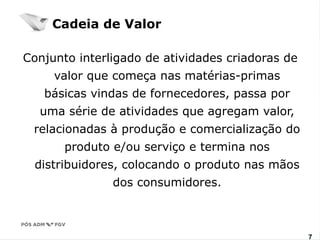 Cadeia de Valor 
Conjunto interligado de atividades criadoras de 
valor que começa nas matérias-primas 
básicas vindas de fornecedores, passa por 
uma série de atividades que agregam valor, 
relacionadas à produção e comercialização do 
produto e/ou serviço e termina nos 
distribuidores, colocando o produto nas mãos 
www.fgv7.br/fgvonline7 
dos consumidores. 
 