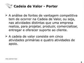  A análise de fontes de vantagem competitiva 
tem de ocorrer na Cadeia de Valor, ou seja, 
nas atividades distintas que uma empresa 
realiza, para projetar, produzir, comercializar, 
entregar e oferecer suporte ao cliente. 
 A cadeia de valor consiste em cinco 
atividades primárias e quatro atividades de 
apoio. 
www.fgv8.br/fgvonline8 
Cadeia de Valor - Porter 
 