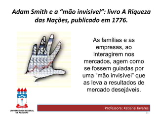 21
Adam Smith e a “mão invisível”: livro A Riqueza
das Nações, publicado em 1776.
Professora: Katiane Tavares
As famílias e as
empresas, ao
interagirem nos
mercados, agem como
se fossem guiadas por
uma “mão invisível” que
as leva a resultados de
mercado desejáveis.
 