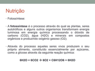Nutrição
• Fotossíntese:
• A fotossíntese é o processo através do qual as plantas, seres
autotróficos e alguns outros organismos transformam energia
luminosa em energia química processando o dióxido de
carbono (CO2), água (H2O) e minerais em compostos
orgânicos e produzindo oxigénio gasoso (O2);
• Através do processo aqueles seres vivos produzem o seu
próprio alimento, constituído essencialmente por açúcares,
como a glicose através da seguinte reação química:
6H2O + 6CO2  6O2 + C6H12O6 + 6H2O
 
