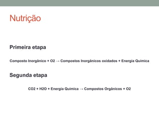 Nutrição
Primeira etapa
Composto Inorgânico + O2 → Compostos Inorgânicos oxidados + Energia Química
Segunda etapa
CO2 + H2O + Energia Química → Compostos Orgânicos + O2
 