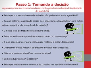 Passo 1: Tomando a decisão
Algumasquestõesdevemserlevadasemcontaquandodaavaliaçãodeimplantação
domodelo5S
• Será que o nosso ambiente de trabalho não poderia ser mais agradável?
• Porque estamos guardando coisas que poderíamos disponibilizar para outros
setores ou retirar do nosso local de trabalho?
• O nosso local de trabalho está sempre limpo?
• Estamos realmente aproveitando nosso tempo e nosso espaço?
• O que podemos fazer para economizar material e evitar desperdício?
• Guardamos nosso material de trabalho no local mais adequado?
• Não seria possível simplificar nossos serviços?
• Como reduzir custos? É possível?
• Será que melhorando o ambiente de trabalho nós também melhoramos?
 