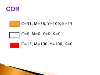 C=31, M=56, Y=100, K=15
C=0, M=0, Y=0, K=0
C=15, M=100, Y=100, K=0

 