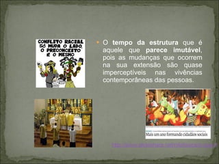 O  tempo da estrutura  que é aquele que  parece imutável , pois as mudanças que ocorrem na sua extensão são quase imperceptíveis nas vivências contemporâneas das pessoas.  http://www.slideshare.net/nilafaisca/o-que-histria 
