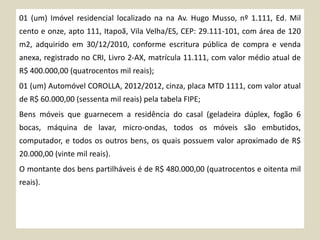 01 (um) Imóvel residencial localizado na na Av. Hugo Musso, nº 1.111, Ed. Mil
cento e onze, apto 111, Itapoã, Vila Velha/ES, CEP: 29.111-101, com área de 120
m2, adquirido em 30/12/2010, conforme escritura pública de compra e venda
anexa, registrado no CRI, Livro 2-AX, matrícula 11.111, com valor médio atual de
R$ 400.000,00 (quatrocentos mil reais);
01 (um) Automóvel COROLLA, 2012/2012, cinza, placa MTD 1111, com valor atual
de R$ 60.000,00 (sessenta mil reais) pela tabela FIPE;
Bens móveis que guarnecem a residência do casal (geladeira dúplex, fogão 6
bocas, máquina de lavar, micro-ondas, todos os móveis são embutidos,
computador, e todos os outros bens, os quais possuem valor aproximado de R$
20.000,00 (vinte mil reais).
O montante dos bens partilháveis é de R$ 480.000,00 (quatrocentos e oitenta mil
reais).
 