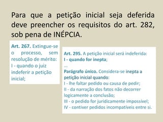 Para que a petição inicial seja deferida
deve preencher os requisitos do art. 282,
sob pena de INÉPCIA.
Art. 267. Extingue-se
o processo, sem
resolução de mérito:
I - quando o juiz
indeferir a petição
inicial;
Art. 295. A petição inicial será indeferida:
I - quando for inepta;
...
Parágrafo único. Considera-se inepta a
petição inicial quando:
I - lhe faltar pedido ou causa de pedir;
II - da narração dos fatos não decorrer
logicamente a conclusão;
III - o pedido for juridicamente impossível;
IV - contiver pedidos incompatíveis entre si.
 