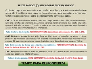 TESTES RÁPIDOS (QUIZZES) SOBRE ENDEREÇAMENTO
O cliente chega a seu escritório e narra três casos. Diz que é estudante de direito e
preço não é problema para pagar os honorários, mas para contratar o serviço quer
testar seus conhecimentos sobre o endereçamento correto das ações.
CASO 1) De um envolvimento amoroso com uma colega nasceu o único filho, atualmente com 01
(um) ano e em fase de amamentação. A mãe e a criança moram em Viana, mas não há empecilho
quanto à visitação do menor. Contudo, a mãe se recusa a receber qualquer ajuda financeira
apesar de não possuir muitos recursos financeiros.
CASO 2) Quando voltava de uma visita feita ao filho, ainda no município de Viana, o cliente
(morador de Vila Velha) se envolveu num acidente automobilístico. O condutor do outro veículo
mora no RJ, avançou o semáforo e estava dirigindo o carro do cunhado que mora em Vitória.
CASO 3) Depois de consertar o veículo, vendeu-o por R$ 300.000,00 a uma pessoa residente na
Serra, cujo pagamento não foi efetuado.
Ação de oferta de alimento. FORO COMPETENTE: domicílio do alimentando. Art. 100, II, CPC.
Ação de Reparação de danos por acidente automobilístico. FORO COMPETENTE: Domicílio do
autor ou do local do fato. Art. 100, P. Un., CPC.
Ação de direito pessoal. FORO COMPETENTE: domicílio do réu. Art. 94, CPC. Regra Geral.
TEMPO PARA RESPONDEREM
 