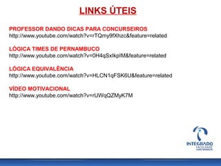 LINKS ÚTEIS
PROFESSOR DANDO DICAS PARA CONCURSEIROS
http://www.youtube.com/watch?v=rTQmy9fXhzc&feature=related
LÓGICA TIMES DE PERNAMBUCO
http://www.youtube.com/watch?v=0H4qSxIkpIM&feature=related
LÓGICA EQUIVALÊNCIA
http://www.youtube.com/watch?v=HLCN1qFSK6U&feature=related
VÍDEO MOTIVACIONAL
http://www.youtube.com/watch?v=rUWqQZMyK7M
 
