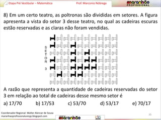 Etapa Pré Vestibular – Matemática Prof. Marconio Nóbrega 
8) Em um certo teatro, as poltronas são divididas em setores. A figura 
apresenta a vista do setor 3 desse teatro, no qual as cadeiras escuras 
estão reservadas e as claras não foram vendidas. 
A razão que representa a quantidade de cadeiras reservadas do setor 
3 em relação ao total de cadeiras desse mesmo setor é 
a) 17/70 b) 17/53 c) 53/70 d) 53/17 e) 70/17 
20 
Coordenador Regional: Walter Alencar de Sousa 
maranhaoprofissionaluresjp.blogspot.com 
 