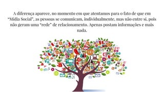 A diferença aparece, no momento em que atentamos para o fato de que em
“Mídia Social”, as pessoas se comunicam, individualmente, mas não entre si, pois
não geram uma “rede” de relacionamento. Apenas postam informações e mais
nada.
 