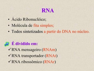 RNA
• Ácido Ribonucléico;
• Molécula de fita simples;
• Todos sintetizados a partir do DNA no núcleo.

 É dividido em:
RNA mensageiro (RNAm)
RNA transportador (RNAt)
RNA ribossômico (RNAr)
 