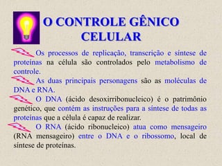 O CONTROLE GÊNICO
              CELULAR
        Os processos de replicação, transcrição e síntese de
proteínas na célula são controlados pelo metabolismo de
controle.
        As duas principais personagens são as moléculas de
DNA e RNA.
        O DNA (ácido desoxirribonucleico) é o patrimônio
genético, que contém as instruções para a síntese de todas as
proteínas que a célula é capaz de realizar.
        O RNA (ácido ribonucleico) atua como mensageiro
(RNA mensageiro) entre o DNA e o ribossomo, local de
síntese de proteínas.
 