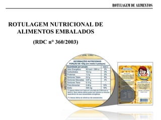 ROTULAGEM DE ALIMENTOS
ROTULAGEM NUTRICIONAL DE
ALIMENTOS EMBALADOS
(RDC n° 360/2003)
 