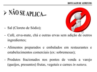 - Sal (Cloreto de Sódio);
- Café, erva-mate, chá e outras ervas sem adição de outros
ingredientes;
- Alimentos preparados e embalados em restaurantes e
estabelecimentos comerciais (ex: sobremesas);
- Produtos fracionados nos pontos de venda a varejo
(queijos, presuntos) frutas, vegetais e carnes in natura.
ROTULAGEM DE ALIMENTOS
 