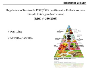 ROTULAGEM DE ALIMENTOS
Regulamento Técnico de PORÇÕES de Alimentos Embalados para
Fins de Rotulagem Nutricional
(RDC n° 359/2003)
 PORÇÃO;
 MEDIDA CASEIRA.
 