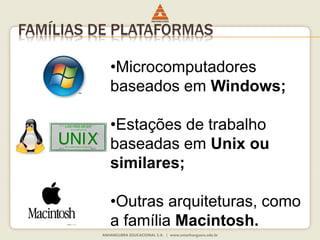 FAMÍLIAS DE PLATAFORMAS
•Microcomputadores
baseados em Windows;
•Estações de trabalho
baseadas em Unix ou
similares;
•Outras arquiteturas, como
a família Macintosh.
 