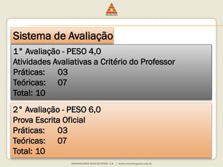 Sistema de Avaliação
1° Avaliação - PESO 4,0
Atividades Avaliativas a Critério do Professor
Práticas: 03
Teóricas: 07
Total: 10
2° Avaliação - PESO 6,0
Prova Escrita Oficial
Práticas: 03
Teóricas: 07
Total: 10
 