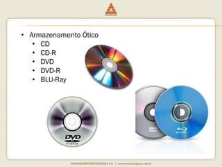 • Armazenamento Ótico
• CD
• CD-R
• DVD
• DVD-R
• BLU-Ray
 