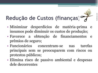 • Minimizar desperdícios de matéria-prima e
insumos pode diminuir os custos de produção;
• Favorece a obtenção de financiamentos e
prêmios de seguro;
• Funcionários
concentram-se
nas
tarefas
principais sem se preocuparem com riscos ou
protestos públicos;
• Elimina risco de passivo ambiental e despesas
dele decorrentes

boadecisao.com

Redução de Custos (finanças)

 
