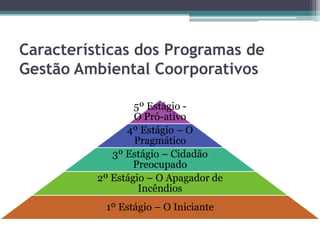 Características dos Programas de
Gestão Ambiental Coorporativos
5º Estágio O Pró-ativo
4º Estágio – O
Pragmático
3º Estágio – Cidadão
Preocupado
2º Estágio – O Apagador de
Incêndios
1º Estágio – O Iniciante

 