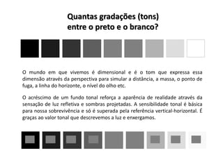 Quantas gradações (tons)
entre o preto e o branco?
O mundo em que vivemos é dimensional e é o tom que expressa essa
dimensão através da perspectiva para simular a distância, a massa, o ponto de
fuga, a linha do horizonte, o nível do olho etc.
O acréscimo de um fundo tonal reforça a aparência de realidade através da
sensação de luz refletiva e sombras projetadas. A sensibilidade tonal é básica
para nossa sobrevivência e só é superada pela referência vertical-horizontal. É
graças ao valor tonal que descrevemos a luz e enxergamos.
 
