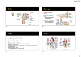 16/03/2020
12
 Ligamento anular do
Rádio
 Ligamento Colateral do
Rádio
 Aprofunda o encaixe para
a tróclea do úmero
 Ligamento colateral ulnar
 Segura a cabeça do rádio
na incisura radial da ulna.
 Retináculos medial e lateral da patela
 Reforçam a parte anterior da articulação.
 Ligamento da patela
 Continuação do tendão do M. quadríceps femoral.
 Ligamento poplíteo oblíquo
 Reforça a face posterior da articulação.
 Ligamento poplíteo arqueada
 Reforça a parte lateral inferior da face posterior da articulação.
 Ligamento colateral tibial
 Firmemente ligado ao menisco medial. Lesões nesse ligamento resulta em lesão no
menisco e no LCA.
 Ligamento colateral fibular
 Continuação do tendão do M. bíceps femoral.
45 46
47 48
 