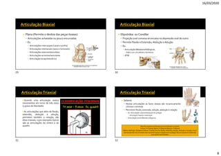 16/03/2020
8
 Plana (Permite o deslize das peças ósseas)
 Articulações achatadas ou pouco encurvadas
 Ex.
▪ Articulações intercarpais (carpo e punho)
▪ Articulações intertarsais (tarso e tornozelo)
▪ Articulações esternoclaviculares
▪ Articulações acromioclaviculares
▪ Articulação escapulotorácica.
 Elipsóidea ou Condilar
 Projeção oval convexa se encaixa na depressão oval de outro
 Permite Flexão e Extensão; Abdução e Adução.
 Ex.
▪ Articulação Metatarsofalângicas.
▪ Rádio com o Escafoide e Semilunar
▪ ATM
 Quando uma articulação realiza
movimentos em torno de três eixos
(3 graus de liberdade).
 As articulações que além de flexão,
extensão, abdução e adução,
permitem também a rotação, são
ditas triaxiais, cujos exemplos típicos
são as articulações do ombro e do
quadril.
 Selares
 Nestas articulações as faces ósseas são reciprocamente
côncavo-convexas
 Permitem flexão, extensão, adução, abdução e rotação.
▪ Ex. Articulação carpometacarpal do polegar
▪ ArticulaçãoTrapesio-metacarpal
▪ Articulação entre Martelo e Bigorna
Não há consenso na literatura se ela é biaxial ou triaxial.
Tortora Triaxial, Martini  Biaxial, Marques  Biaxial
Melhor definição: Dangelo e Fattine:Triaxial, pois faz flexão, extensão, adução, abdução e rotação, mas é
biaxial pelo fato de se isolada não é possível realizar rotação com o polegar. Ela só é possível combinada
com outros movimentos.
29 30
31 32
 