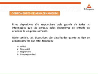 COMPONENTES DE ARMAZENAMENTO
Estes dispositivos são responsáveis pela guarda de todas as
informações que são geradas pelos dispositivos de entrada ou
oriundos de um processamento.
Neste sentido, tais dispositivos são classificados quanto ao tipo de
armazenamento que estes fornecem:
 Volátil
 Não-volátil
 Programável
 Não-programável
 