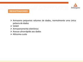 REGISTRADORES
 Armazena pequenos volumes de dados, normalmente uma única
palavra de dados
 Volátil
 Armazenamento eletrônico
 Acesso ultrarrápido aos dados
 Altíssimo custo
 