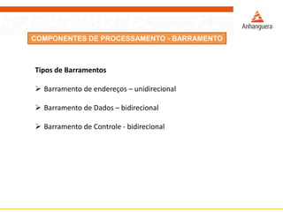 COMPONENTES DE PROCESSAMENTO - BARRAMENTO
Tipos de Barramentos
 Barramento de endereços – unidirecional
 Barramento de Dados – bidirecional
 Barramento de Controle - bidirecional
 