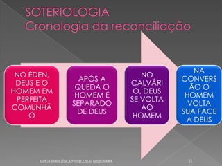 NA
 NO ÉDEN,                                            NO
                          APÓS A                             CONVERS
 DEUS E O                                         CALVÁRI
                         QUEDA O                               ÃO O
HOMEM EM                                           O, DEUS
                         HOMEM É                              HOMEM
 PERFEITA                                         SE VOLTA
                        SEPARADO                               VOLTA
COMUNHÃ                                              AO
                          DE DEUS                            SUA FACE
    O                                              HOMEM
                                                              A DEUS




      IGREJA EVANGÉLICA PENTECOSTAL MISSIONÁRIA               21
 
