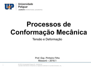 Tensão e Deformação
1
Prof. Esp. Pinheiro Filho
Mossoró – 2018.1
Processos de
Conformação Mecânica
 