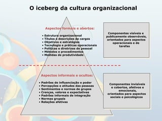 O iceberg da cultura organizacional
Aspectos formais e abertos:
• Estrutura organizacional
• Títulos e descrições de cargos
• Objetivos e estratégias
• Tecnologia e práticas operacionais
• Políticas e diretrizes de pessoal
• Métodos e procedimentos
• Medidas de produtividade
Aspectos informais e ocultos:
• Padrões de influenciação e poder
• Percepções e atitudes das pessoas
• Sentimentos e normas de grupos
• Crenças, valores e expectativas
• Padrões informais de integração
• Normas grupais
• Relações afetivas
Componentes visíveis e
publicamente observáveis,
orientados para aspectos
operacionais e de
tarefas
Componentes invisíveis
e cobertos, afetivos e
emocionais,
orientados para aspectos
sociais e psicológicos
 