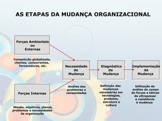 AS ETAPAS DA MUDANÇA ORGANIZACIONAL
Forças Ambientais
ou
Externas
Forças Internas
Necessidade
de
Mudança
Diagnóstico
da
Mudança
Implementação
da
Mudança
Competição globalizada,
clientes, concorrentes,
fornecedores, etc.
Missão, objetivos, planos,
problemas e necessidades
da organização
Análise dos
problemas e
necessidades
Definição das
mudanças
necessárias em
tecnologias,
produtos,
estrutura e
cultura
Utilização da
análise de campo
de forças e táticas
de ultrapassar
a resistência
à mudança
 