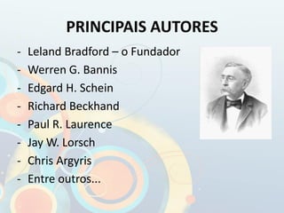 PRINCIPAIS AUTORES
- Leland Bradford – o Fundador
- Werren G. Bannis
- Edgard H. Schein
- Richard Beckhand
- Paul R. Laurence
- Jay W. Lorsch
- Chris Argyris
- Entre outros...
 