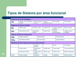 Tipos de Sistema por área funcional Sistemas de Nível Estratégico ESS Projecções a 5 anos de tendências de vendas  Plano de operações a 5 anos Projecção orçamental a 5 anos Plano de ganhos  Plano de pessoal Sistemas de Apoio à Gestão MIS Gestão de vendas Controlo de inventário Orçamento anual Análise de Investimento de capitais Relocation analysis  DSS Análise regional de vendas Programação da produção Análise de custos Análise de preços/rendimento Análise de custos de contratação Sistemas do Nível de Conhecimento KMS Estações de engenharia Estações gráficas Estações gerenciais Office Processamento de palavras Document imaging Agendas electrónicas Sistemas do Nível Operacional (ou transaccionais) Controlo de máquinas Nómina Compensações Controlo de ordens Programação de planta Securities trading Contas por pagar Treino e desenvolvimento Processamento de ordens Controlo de fluxo de materiais Gestão de caixa Contas por cobrar Registro de empregados Função Vendas e marketing Manufactura Finanças Contabilidade Recursos Humanos 