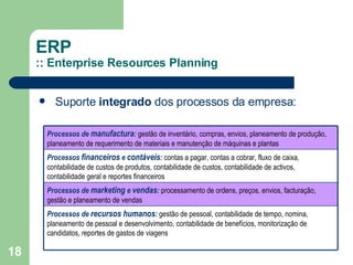 ERP :: Enterprise Resources Planning Suporte  integrado  dos processos da empresa: Processos de  manufactura :  gestão de inventário, compras, envios, planeamento de produção, planeamento de requerimento de materiais e manutenção de máquinas e plantas Processos  financeiros  e  contáveis :  contas a pagar, contas a cobrar, fluxo de caixa, contabilidade de custos de produtos, contabilidade de custos, contabilidade de activos, contabilidade geral e reportes financeiros Processos de  marketing  e  vendas :  processamento de ordens, preços, envios, facturação, gestão e planeamento de vendas Processos de  recursos humanos :  gestão de pessoal, contabilidade de tempo, nomina, planeamento de pessoal e desenvolvimento, contabilidade de benefícios, monitorização de candidatos, reportes de gastos de viagens 