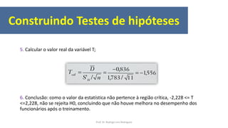 5. Calcular o valor real da variável T;
6. Conclusão: como o valor da estatística não pertence à região crítica, -2,228 <= T
<=2,228, não se rejeita H0, concluindo que não houve melhora no desempenho dos
funcionários após o treinamento.
Construindo Testes de hipóteses
Prof. Dr. Rodrigo Lins Rodrigues
 