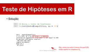 Teste de Hipóteses em R
• Solução:
Obs: como o p-valor é menor do que 0,05,
então rejeita-se a hipótese 𝐻0Prof. Dr. Rodrigo Lins Rodrigues
 