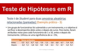• Um grupo de funcionários foi submetido a um treinamento, e o objetivo é
verificar o desempenho deles antes e depois do curso. Para tanto, foram
atribuídas notas para cada funcionário de 1 a 10, antes e depois do
treinamento. Utilizou-se uma significância de α = 5%;
Momento Notas atribuídas
Antes 5,5 6,1 6,7 6,2 7,0 7,2 5,8 6,8 6,7 7,4 5,0
Depois 6,0 7,2 6,8 8,2 9,0 5,8 6,5 7,2 8,7 5,0 9,2
Teste t de Student para duas amostras aleatórias
relacionadas (pareadas) (Exemplo prático - 3)
Teste de Hipóteses em R
Prof. Dr. Rodrigo Lins Rodrigues
 