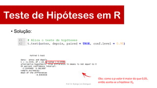 Teste de Hipóteses em R
• Solução:
Obs: como o p-valor é maior do que 0,05,
então aceita-se a hipótese 𝐻0Prof. Dr. Rodrigo Lins Rodrigues
 