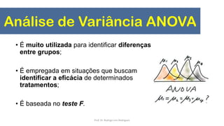 Análise de Variância ANOVA
• É muito utilizada para identificar diferenças
entre grupos;
• É empregada em situações que buscam
identificar a eficácia de determinados
tratamentos;
• É baseada no teste F.
Prof. Dr. Rodrigo Lins Rodrigues
 