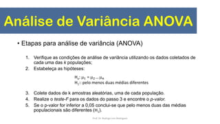 Análise de Variância ANOVA
• Etapas para análise de variância (ANOVA)
1. Verifique as condições de análise de variância utilizando os dados coletados de
cada uma das k populações;
2. Estabeleça as hipóteses:
3. Colete dados de k amostras aleatórias, uma de cada população.
4. Realize o teste-F para os dados do passo 3 e encontre o p-valor.
5. Se o p-valor for inferior a 0,05 conclui-se que pelo menos duas das médias
populacionais são diferentes (H1).
Ho: 1 = 2…  𝑛
H1:: pelo menos duas médias diferentes
Prof. Dr. Rodrigo Lins Rodrigues
 