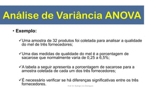 Análise de Variância ANOVA
• Exemplo:
Uma amostra de 32 produtos foi coletada para analisar a qualidade
do mel de três fornecedores;
Uma das medidas de qualidade do mel é a porcentagem de
sacarose que normalmente varia de 0,25 a 6,5%;
A tabela a seguir apresenta a porcentagem de sacarose para a
amostra coletada de cada um dos três fornecedores;
É necessário verificar se há diferenças significativas entre os três
fornecedores. Prof. Dr. Rodrigo Lins Rodrigues
 
